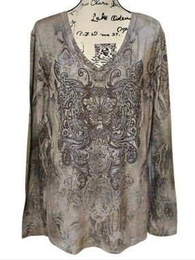 Greensource Embellished V-Neck Long Sleeve Top - Taupe Gray